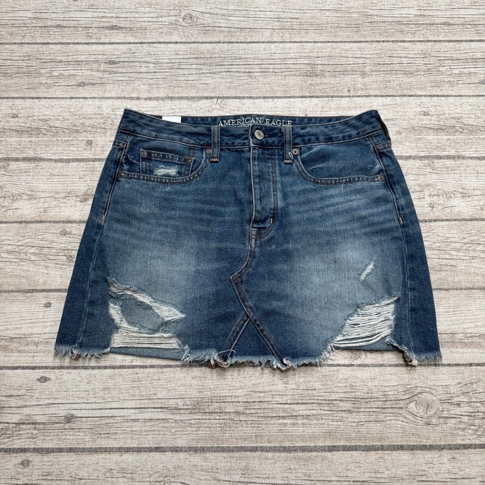 American Eagle Mini Skirt Women's 6 Blue Denim Button Fly Distressed Streetwear